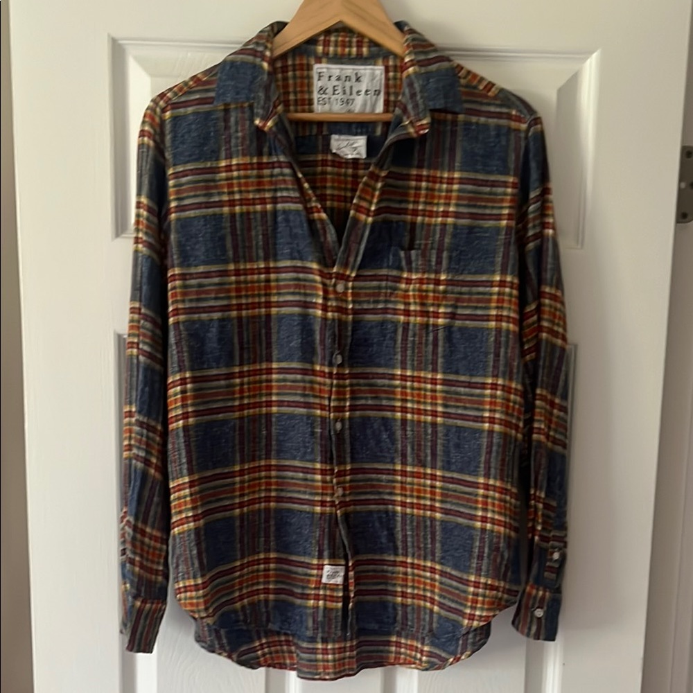 Frank and Eileen Blue and Red with Yellow Plaid linen flannel shirt small